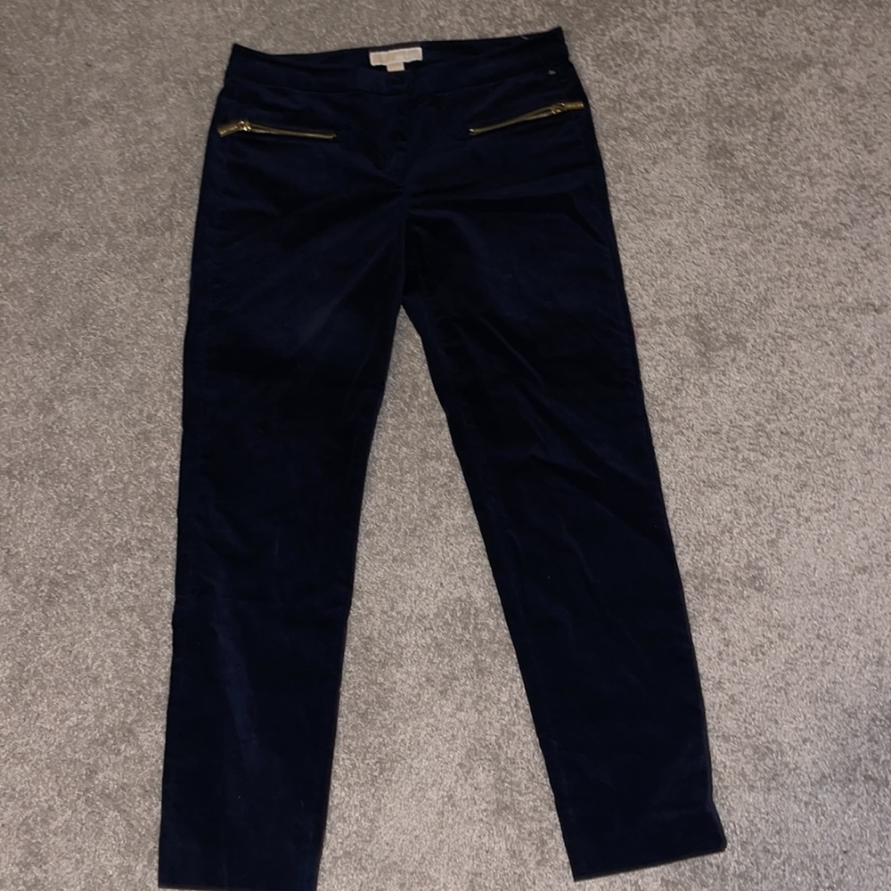 Michael Kors Navy Velvet Pants with Gold Zippers